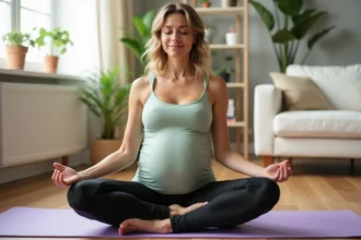 Femme enceinte pratiquant le Pilate à domicile en position assise sur un tapis de yoga