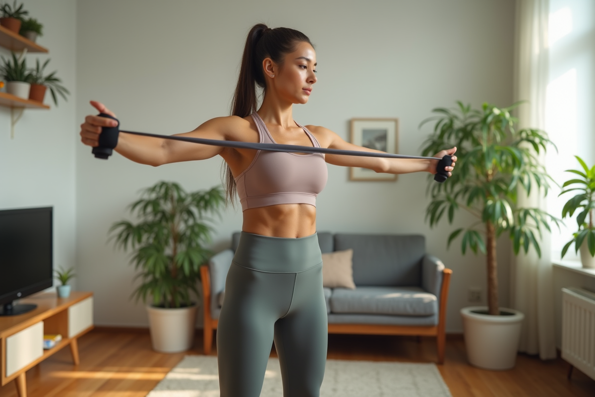 Jeune femme faisant une rotation externe des épaules avec bande