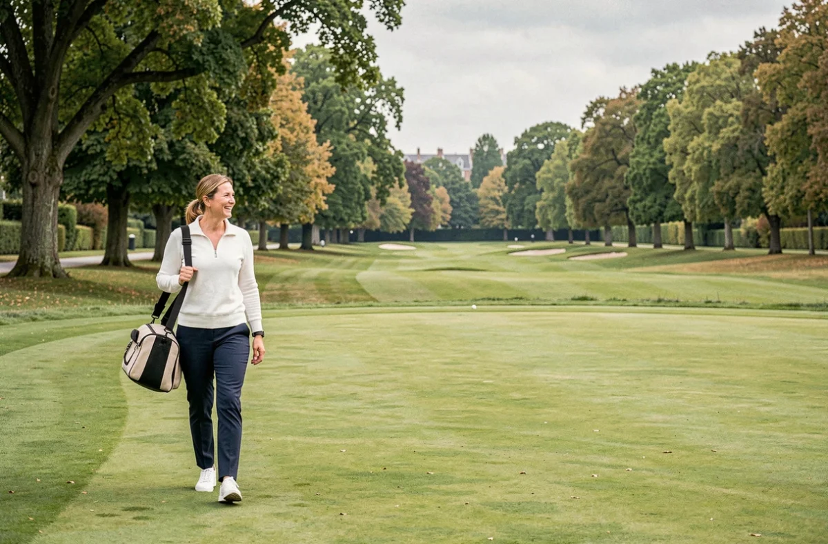 Femme se promenant sur le fairway d'un parcours de golf en Île-de-France lors d'une sortie golf du week-end