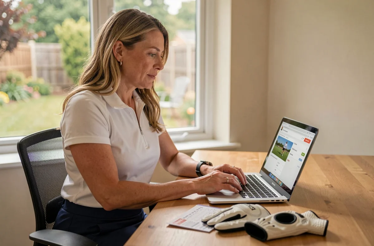 Femme golfeuse apprenant le golf en ligne via un blog spécialisé depuis son bureau à domicile