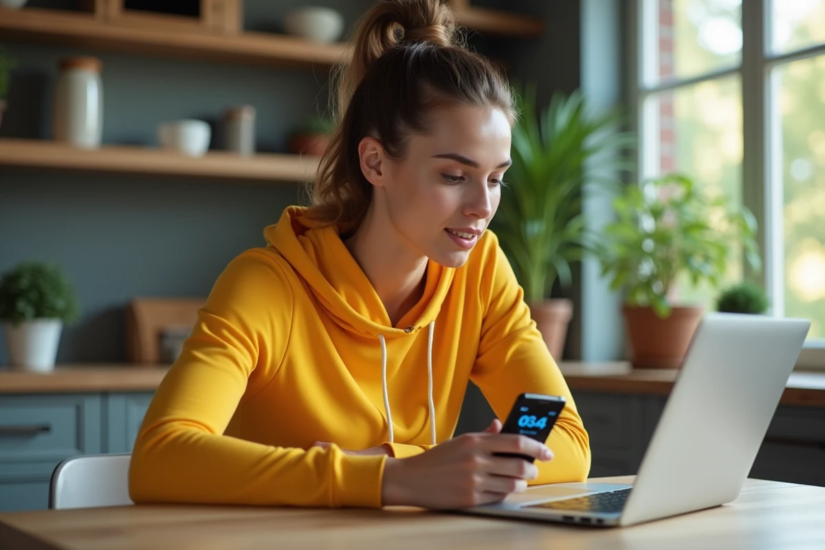 Jeune femme utilisant un ordinateur portable dans une cuisine chaleureuse