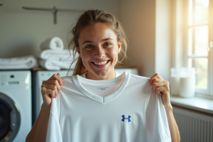 Femme tenant un t-shirt Under Armour propre et souriant dans la buanderie