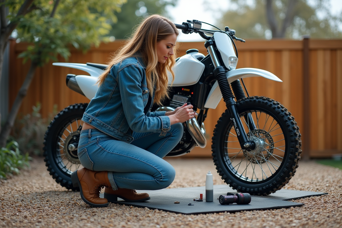 Femme appliquant du lubrifiant sur un pit bike en extérieur