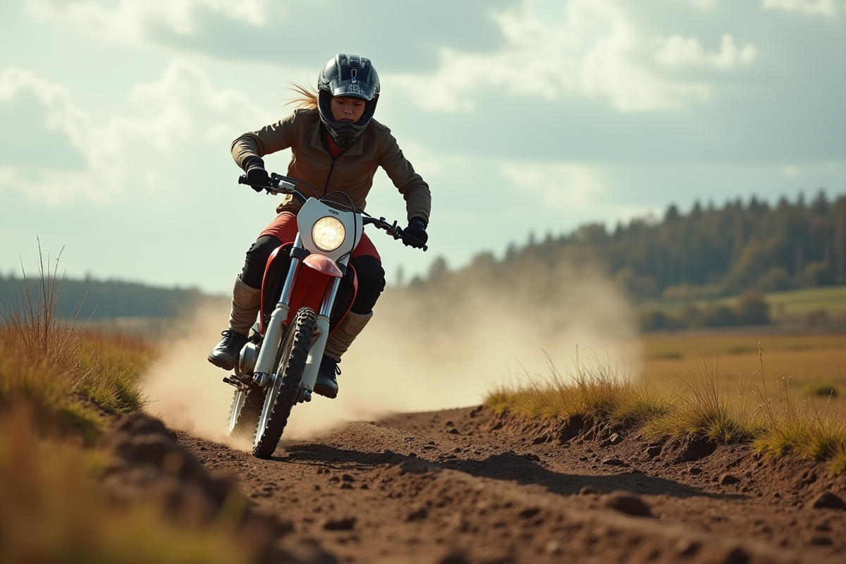 Jeune femme motocross en action sur un sentier rural