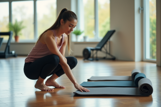 Jeune femme examinant un tapis de Pilates dans un studio lumineux