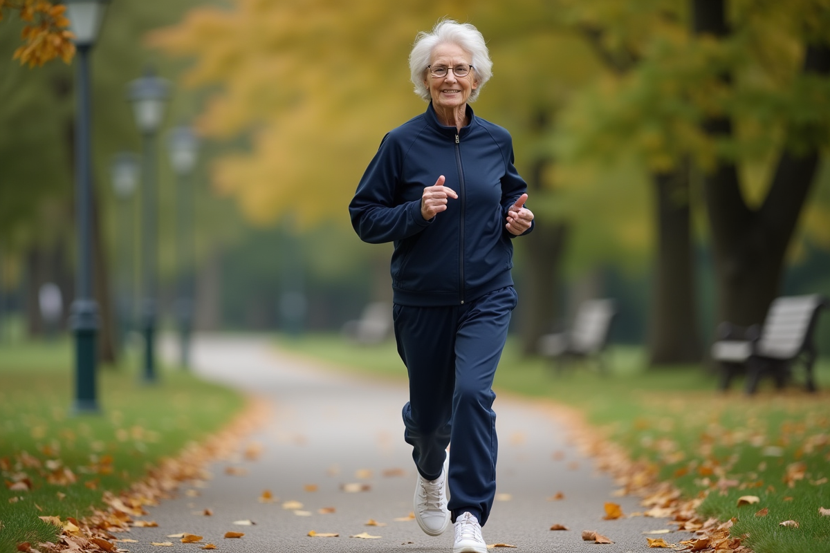 Femme senior en jogging dans un parc en automne