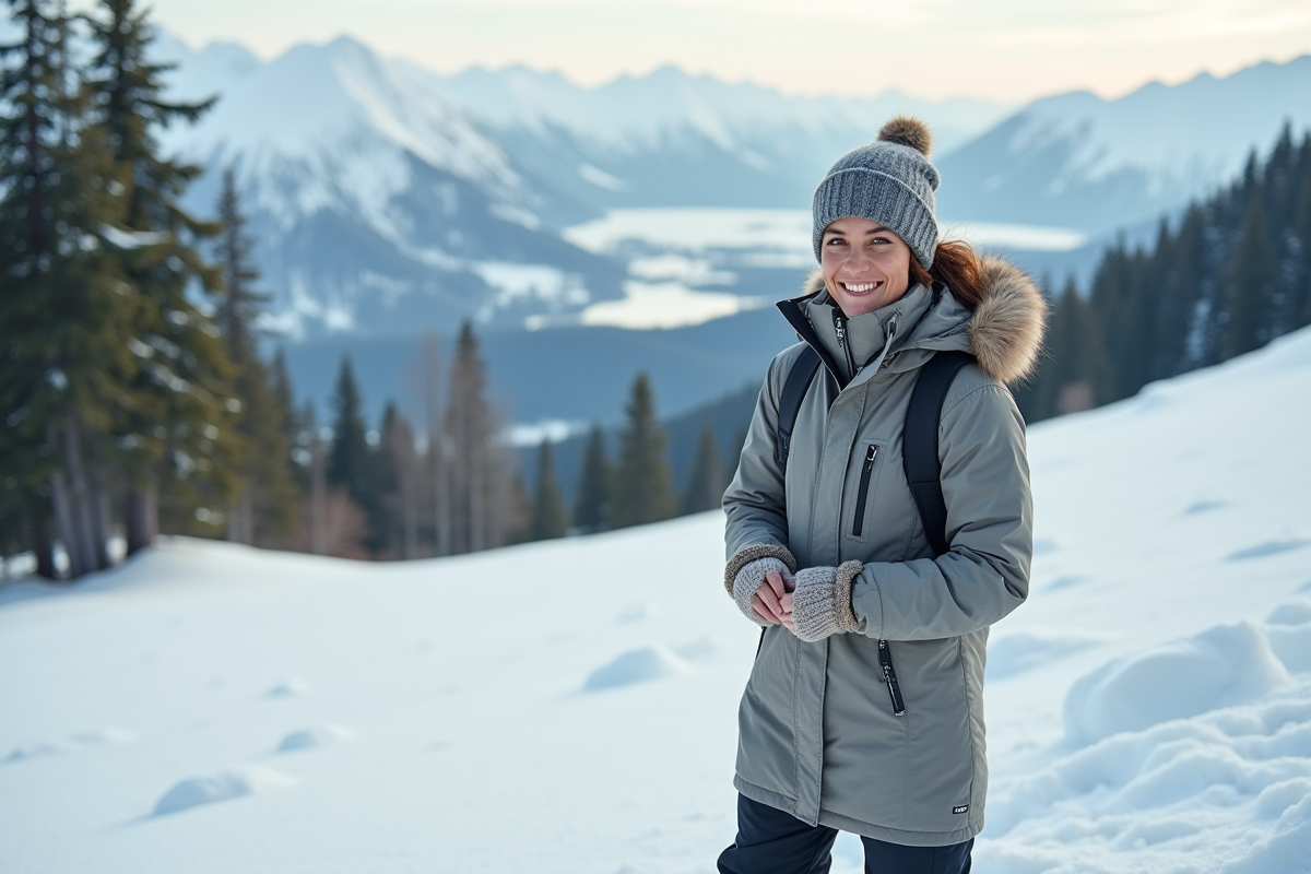 Femme souriante en parka isolante sur une montagne enneigee