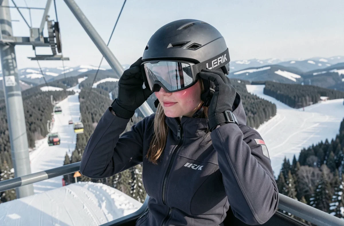 Jeune femme skieur réglant son casque et lunettes de ski haut de gamme dans un télésiège en montagne