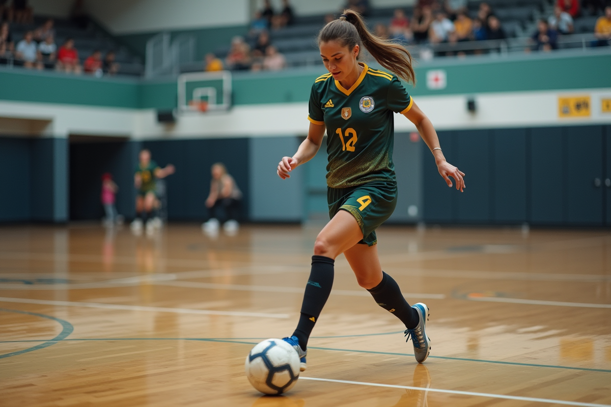 Femme en uniforme de soccer contrôlant le ballon en intérieur