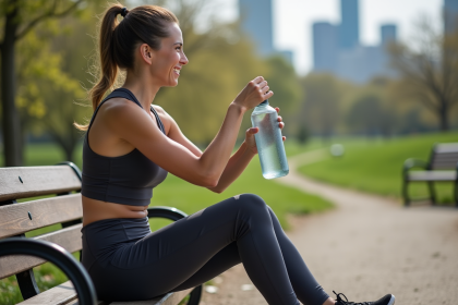 Jeune femme sportive buvant dans une bouteille d'eau après course