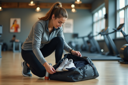 Jeune femme préparant son sac de sport dans une salle de gym lumineuse