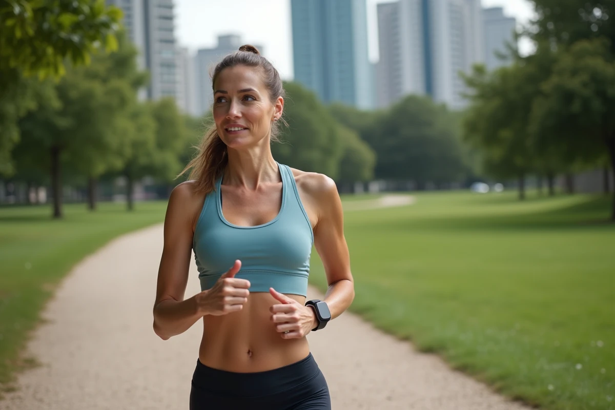 Femme en jogging dans un parc urbain contemplant sa montre connectee
