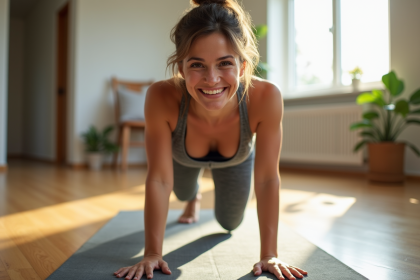 Jeune femme en position de planche dans un appartement lumineux