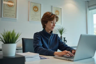 Femme d'âge moyen en veste de sport au bureau avec diplômes de judo