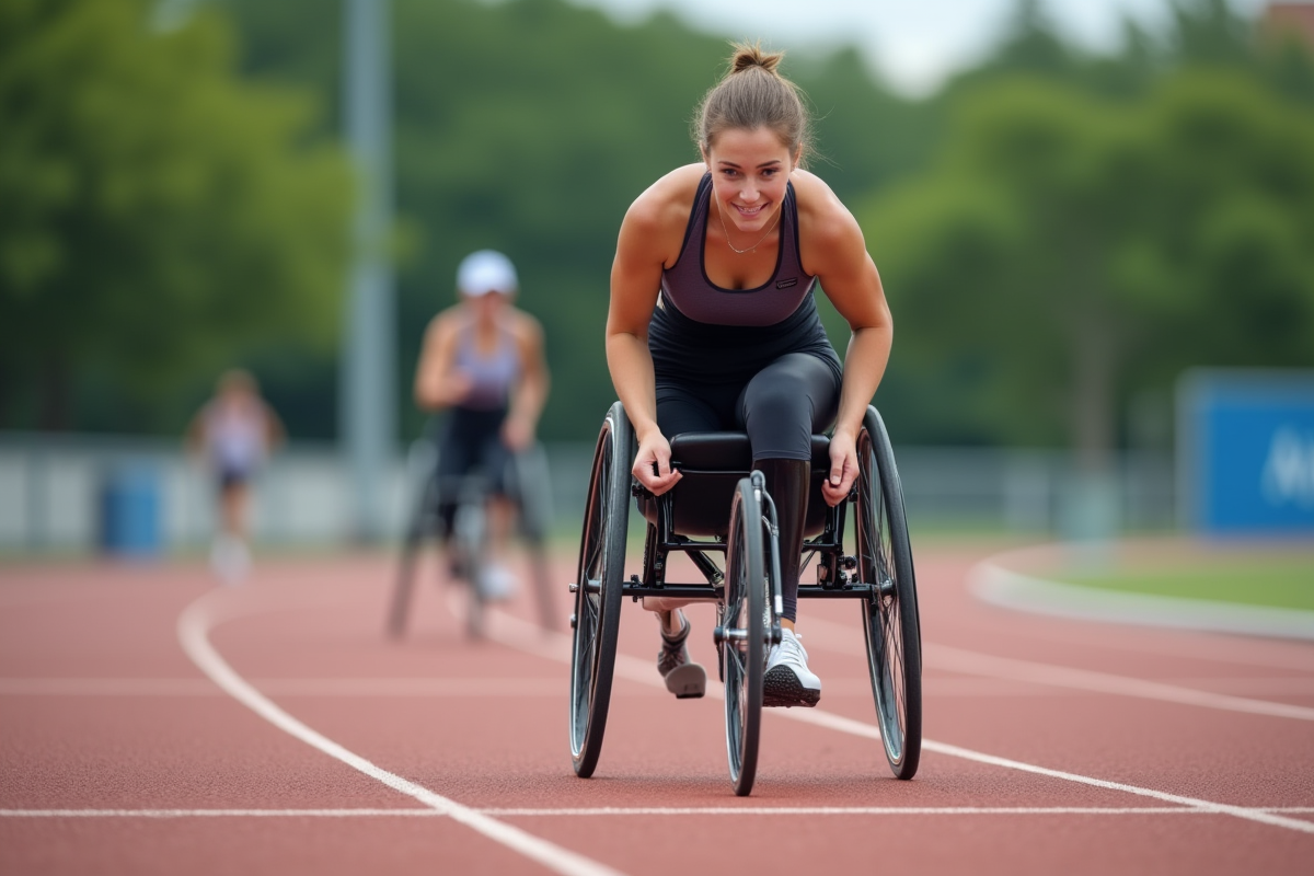 Jeune femme en course avec prothese et rollers