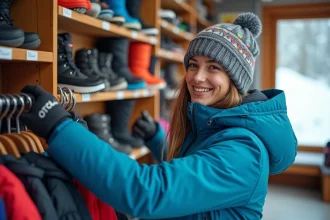 Jeune femme examine des vestes d'hiver dans un magasin de ski