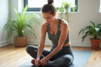 Femme en yoga concentrée en studio lumineux