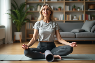 Femme assise sur un tapis de yoga avec rouleau en foam