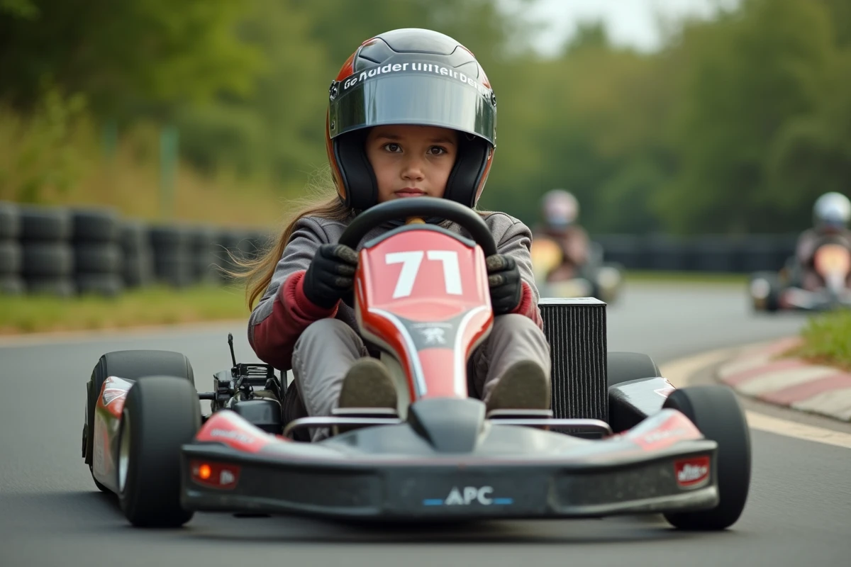 Fille adolescente en action dans un virage sur circuit karting extérieur