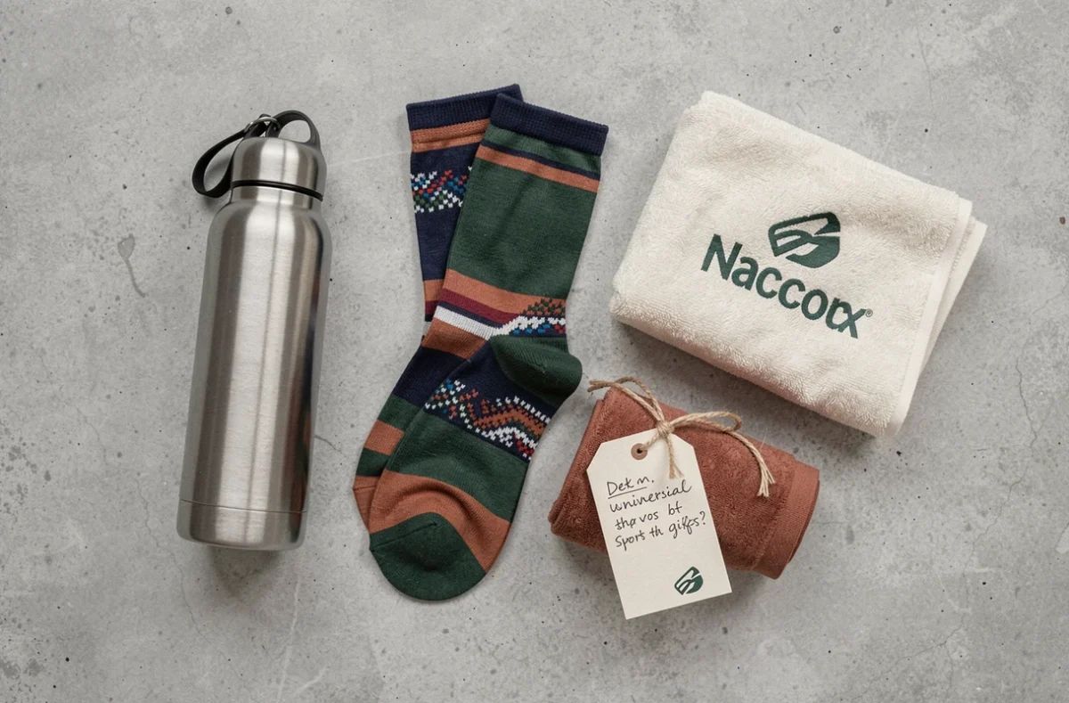 Flat lay de cadeaux sportifs universels pour homme sur fond béton gris, incluant gourde, chaussettes et accessoires de récupération