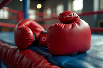 Gants de boxe rouges sur le ring avec lumière naturelle