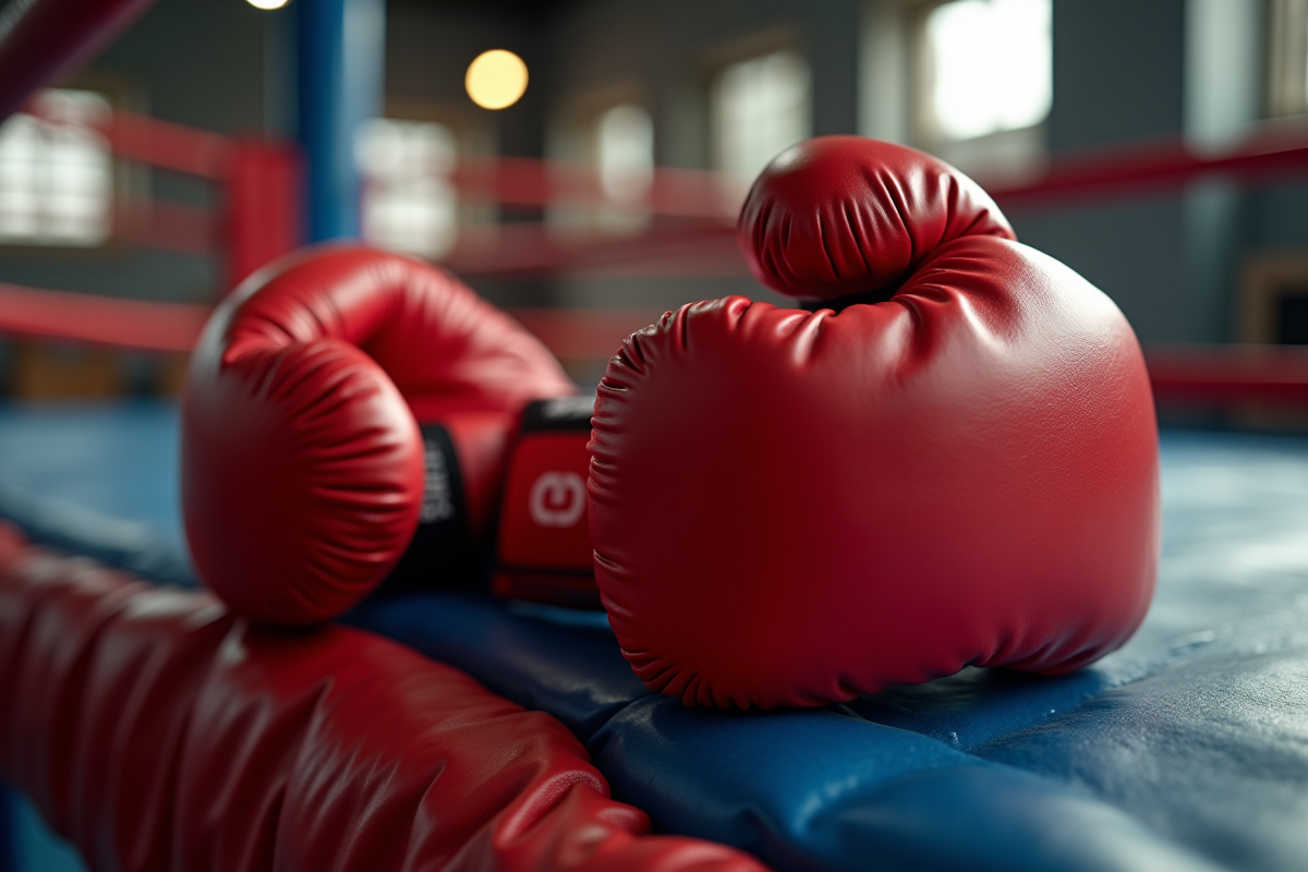 Gants de boxe rouges sur le ring avec lumière naturelle
