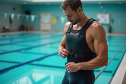 Nageur adulte portant un gilet lesté noir ajusté au bord d'une piscine olympique intérieure