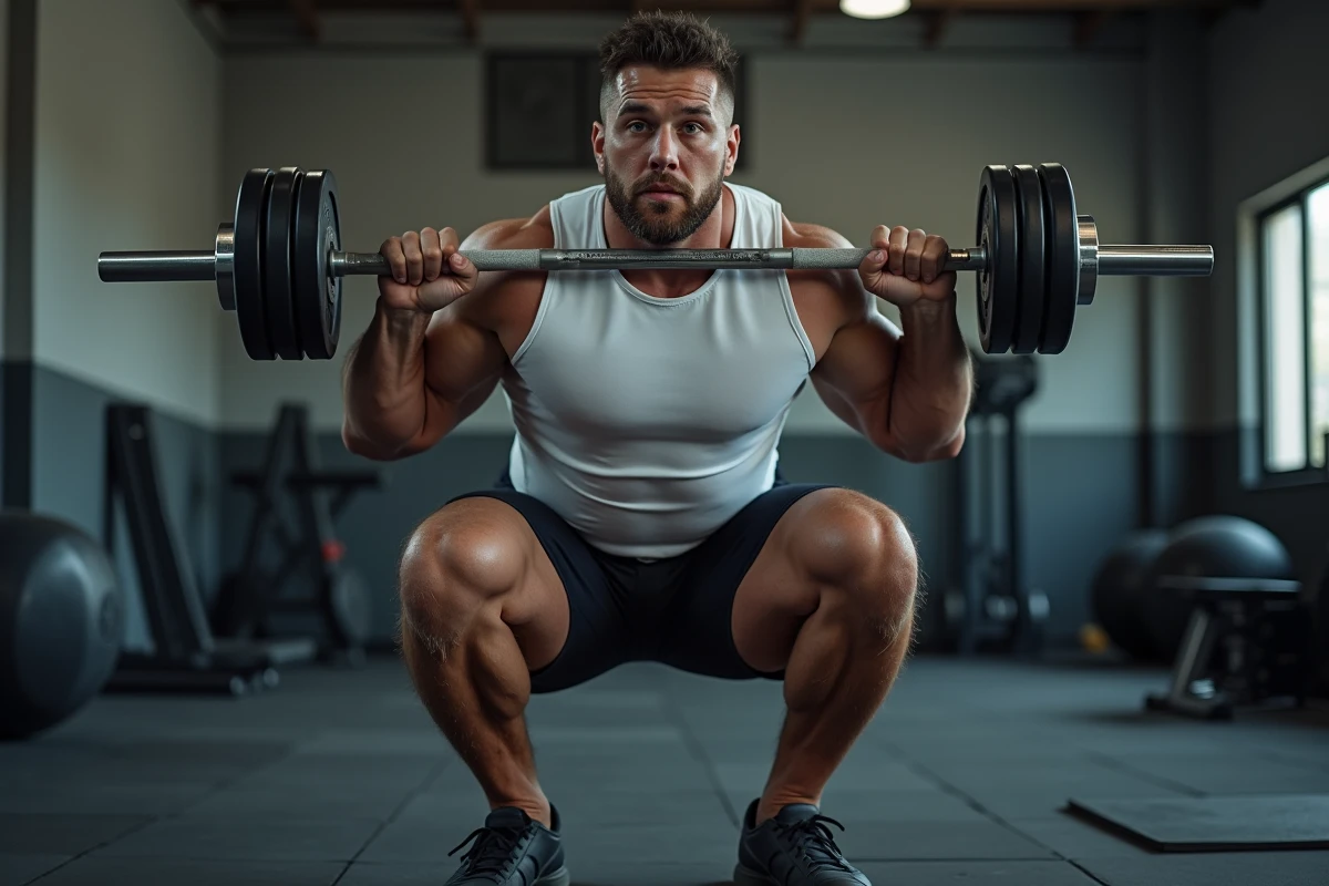 Homme réalisant un goblet squat avec haltère dans une salle de sport à domicile