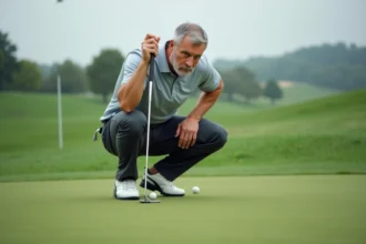 Golfeur accroupi qui analyse la pente du green avant un putt décisif