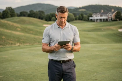 Golfeur amateur consultant un blog de golf sur tablette au milieu d'un fairway verdoyant en 2026