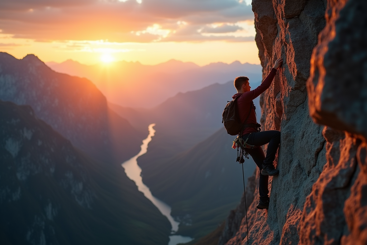 Alpiniste solitaire sur une falaise au lever du soleil