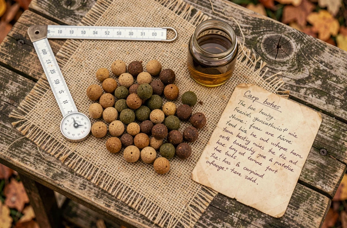 Gros plan sur des bouillettes carpe maison avec balance et attractant sur une table en bois