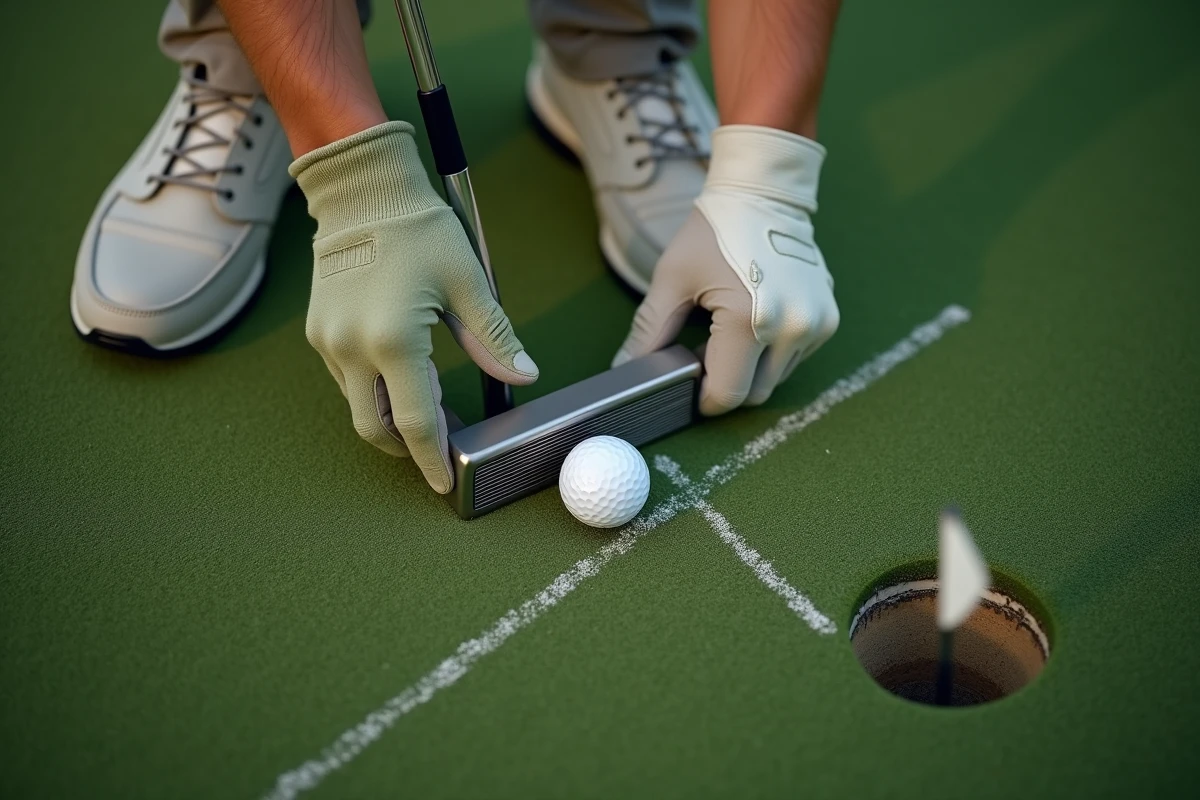 Gros plan sur les mains d'un golfeur tenant un putter au-dessus de la balle sur un green incliné