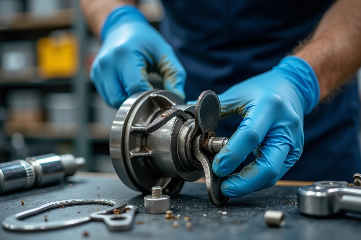 Gros plan sur les mains gantées d'un technicien réassemblant les pièces d'un moteur de bateau avec précision