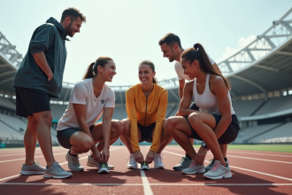Groupe d'athletes divers sur une piste extérieure en ville