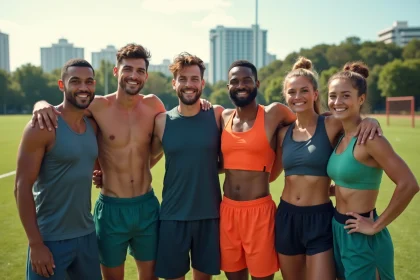 Groupe d'athletes amateurs souriants en plein air