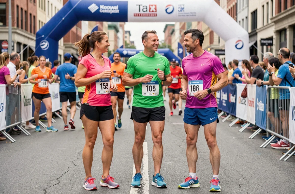 Groupe de coureurs au départ d'un 10 km portant des dossards et discutant de leur allure cible