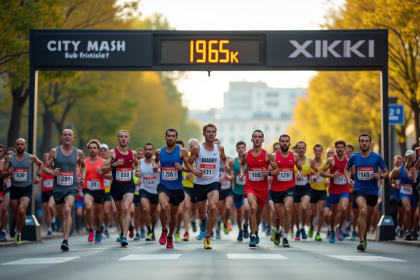 Groupe de coureurs divers franchissant la ligne d'arrivée lors d'une course urbaine