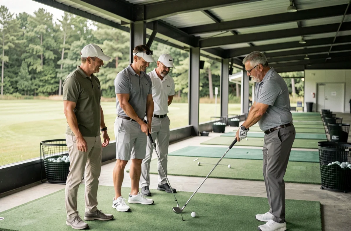 Groupe de débutants assistant à une démonstration de swing lors d'un stage d'initiation au golf