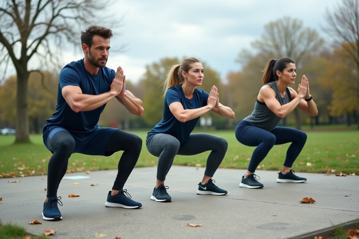 Groupe d'adultes faisant des squats callisthénie en plein air sur une aire de fitness dans un parc