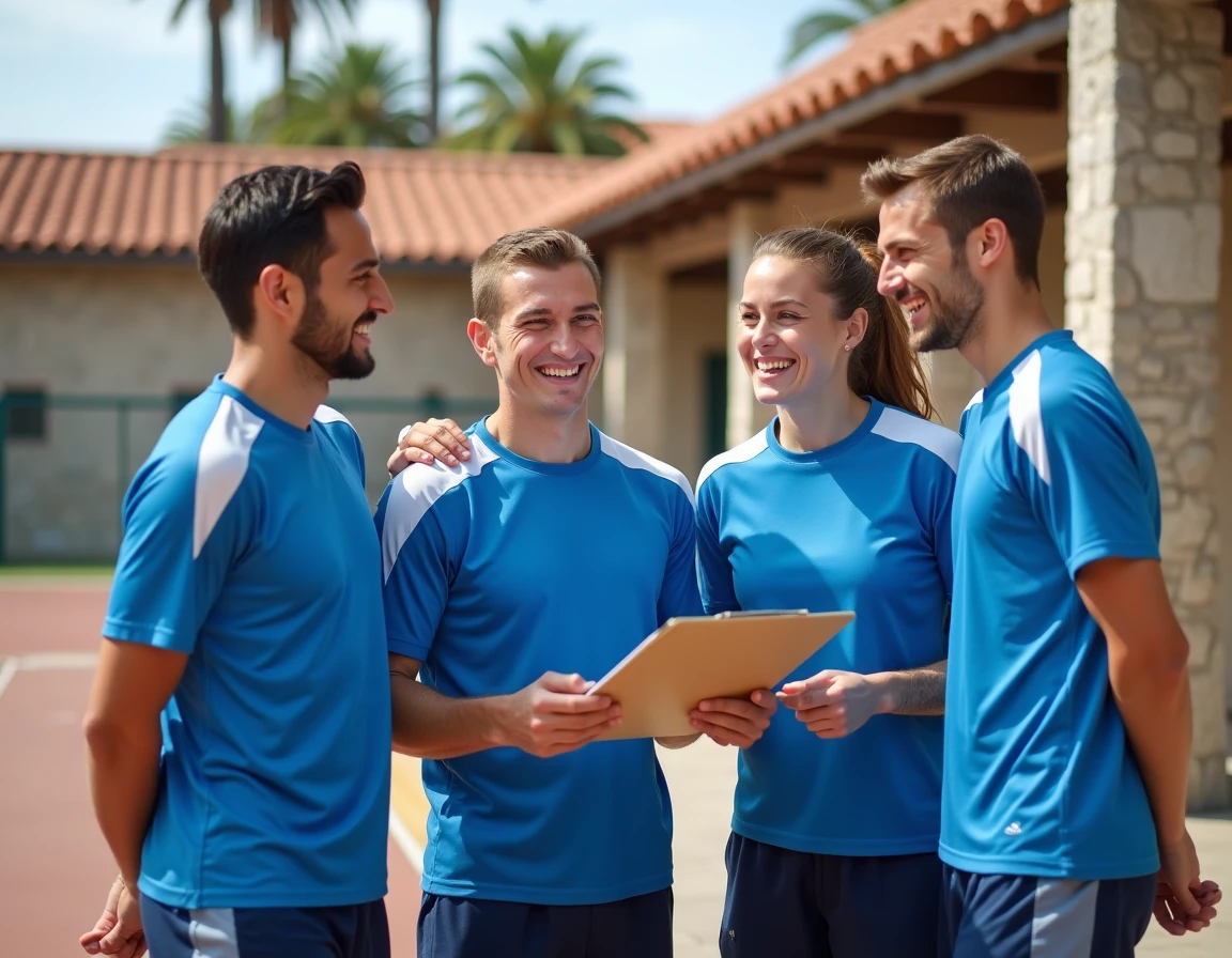 Groupe d'étudiants en Erasmus discutant de stratégie handball devant une université au Portugal