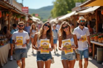 Groupe de jeunes adultes souriants lors d'un marché à Montalivet