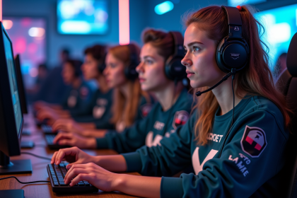 Groupe de jeunes gamers dans un lounge moderne