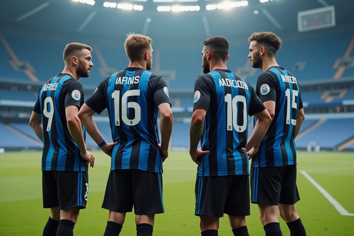Groupe de joueurs de l'Inter Milan en réunion tactique sur le terrain avant un match de la saison 2026