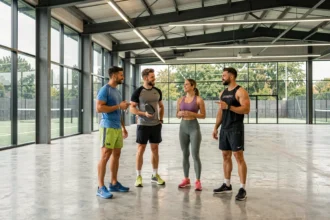 Groupe de sportifs en tenue variée discutant dans un espace sportif moderne avec architecture industrielle et vue sur l'extérieur
