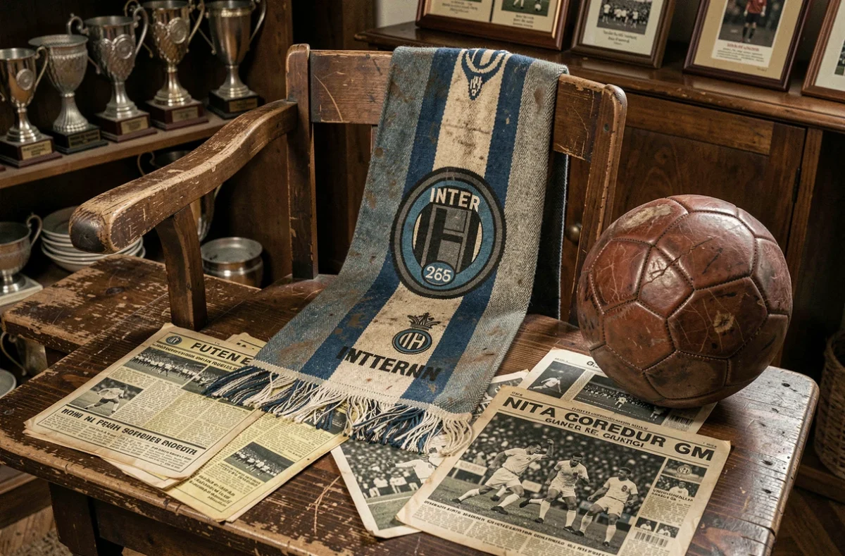 Écharpe vintage de l'Inter Milan, vieux programmes et photos noir et blanc sur une table en chêne, atmosphère musée du football italien