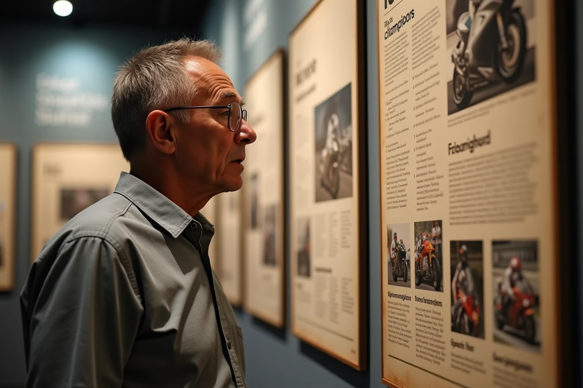 Historien du sport automobile examinant un panneau de statistiques et de records MotoGP dans un musée dédié au sport moto