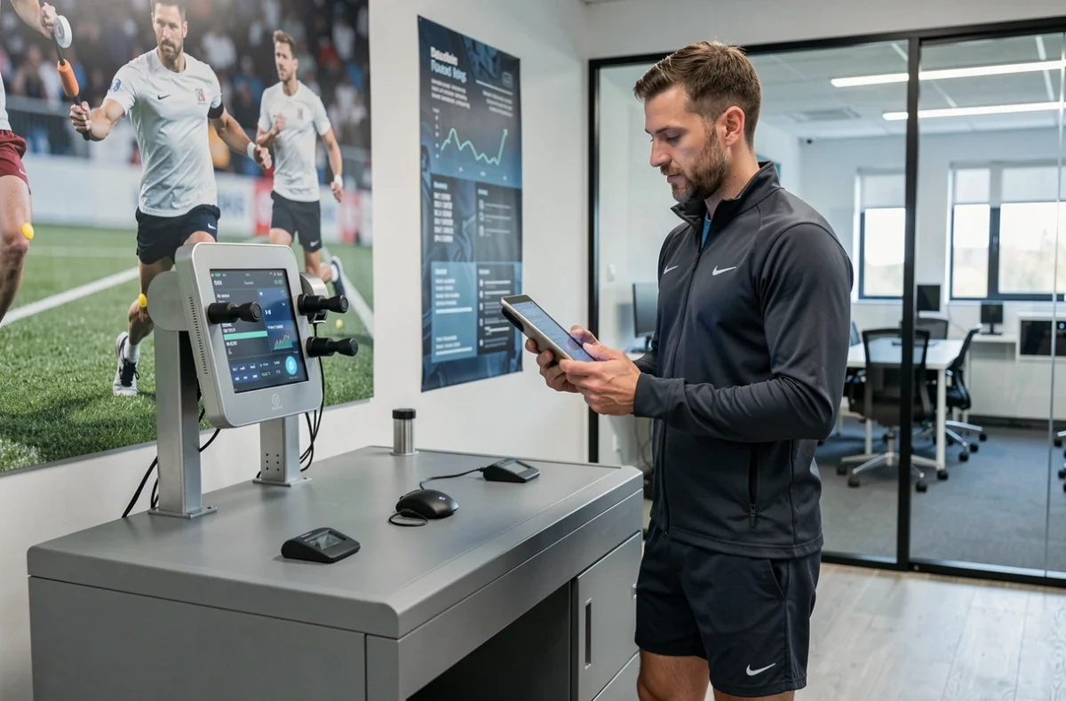 Homme analysant des données sportives sur tablette numérique dans un centre d'innovation sportive high-tech