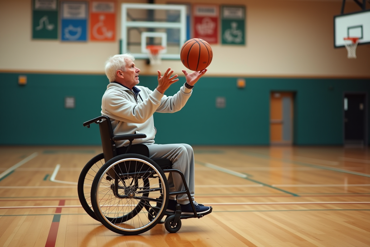 Homme en fauteuil lançant un ballon de basket