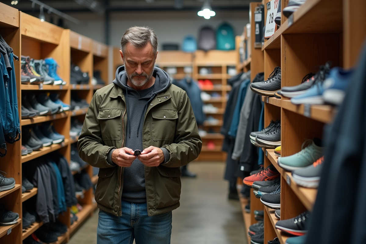Homme comparant chaussures trail en magasin